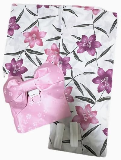 オール ワンランク上着物風七宝模様浴衣，高級半幅帯，帯留め，桐下駄