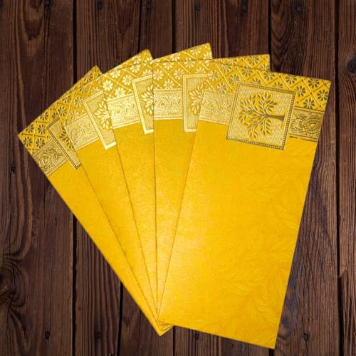 Image of Pack of 25, Rectangle Shape Metallic Paper Shagun Envelopes for Gifting Sagan Lifafa Wedding Occasion Cash Money, 18 X 8 cm, Yellow Color - Gold Tree Design