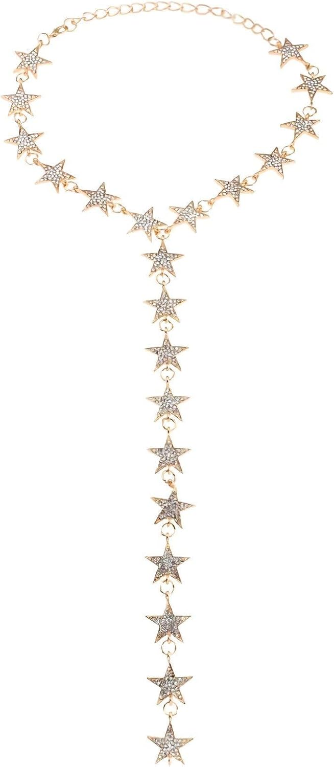 Gold Color Long Five Pointed Stars Choker Necklace Crystal Rhinestone Necklace Women Fashion Body Jewelry