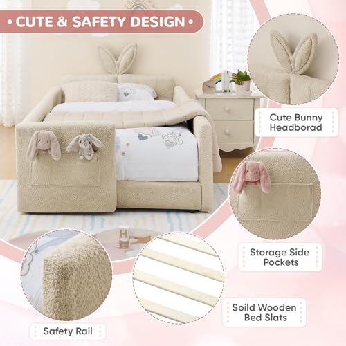 Image of Twin Size Kids Bed with Rabbit Ear Headboard, Upholstered Boucle Fabric Twin Daybed with Slats Support & Side Pockets, Space-Saving Wooden Corner Sofa Couch Bed Frame for Girls, Boys, Teenager(Camel)