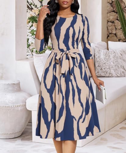 Casual Dresses for Women Midi Church A-Line Fit and Flare Dress Crewneck 3/4 Sleeve Party Dress3