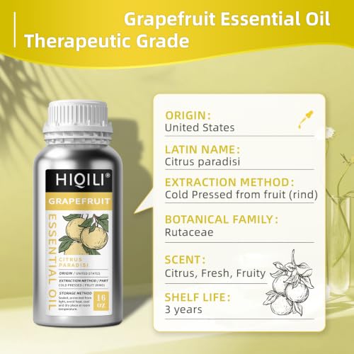 Image of HIQILI Grapefruit Essential Oil for Skin Care, Diffuser & DIY | Large Bottle with Two Travel-Size Vials for Custom Blending and Spa Massage, Refreshing Citrus Scent -500ml / 16 fl oz