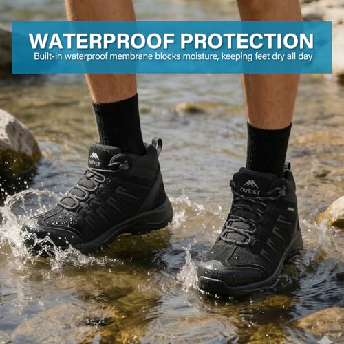 Image of Men's Waterproof Hiking Boots Lightweight Leather Mid Ankle Outdoor Trail Trekking shoes