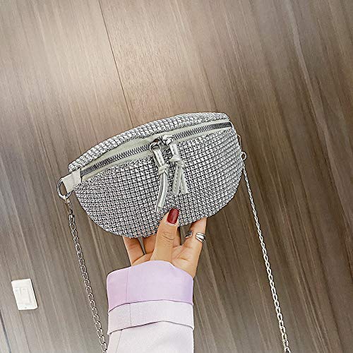 Pochete de strass feminino casual zíper pequeno peito transversal pacote de telefone, Prata, 25CM*17