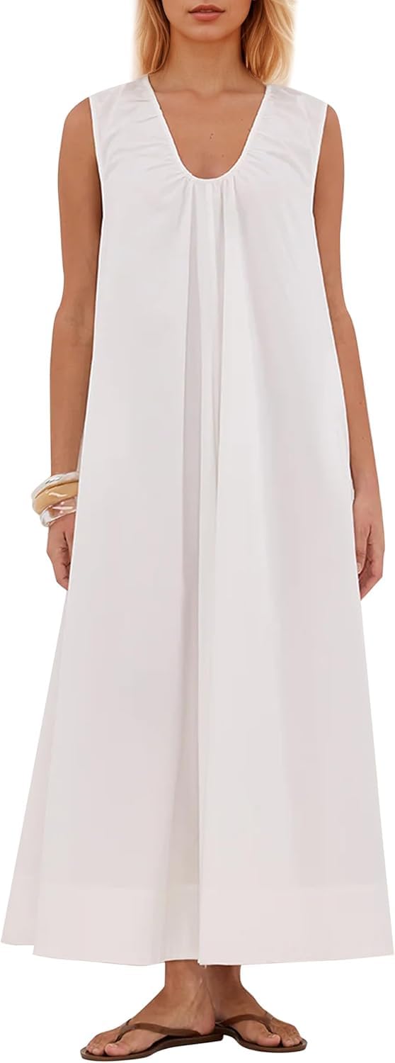 Llecdaseui Women's White Scoop Neck Ruched Maxi Dress Flowy Swing Wide Straps Long Dress Casual Sleeveless Sundress With Side Pockets (,M)