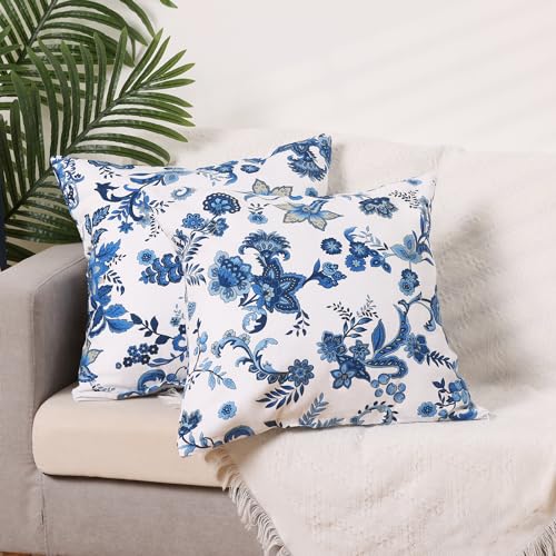 Uxcell Pack of 2 Floral Printed Throw Pillow Covers Home Decor Striped Pillow Cover for Couch Sofa Living Room Blue 16 x 16 Inch - Image 2