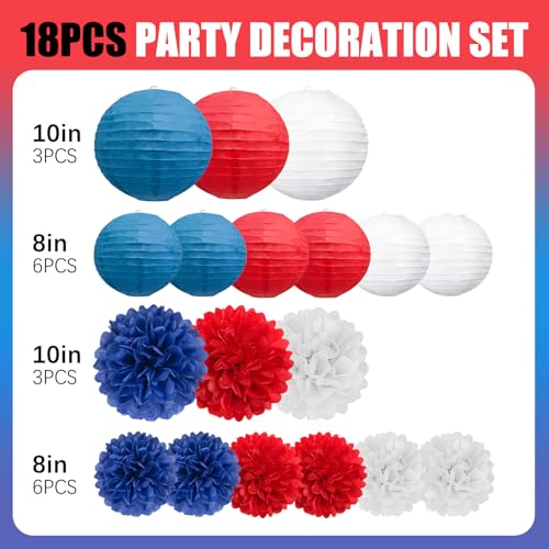 Image of 18 PCS Red White Blue Paper Lanterns & Tissue Paper Pom Poms for July 4th Independence Day, Memorial Day, Baseball Party, Patriotic Veteran Celebration Theme Party Decoration Set Supplies