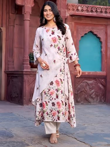 Image of Pinkmint Women Cotton Blend Floral Printed Layered A-Line Kurta Pant Set | Stylish Wrap Style Ethnic Kurti with Pants | Casual & Office Wear | Plus