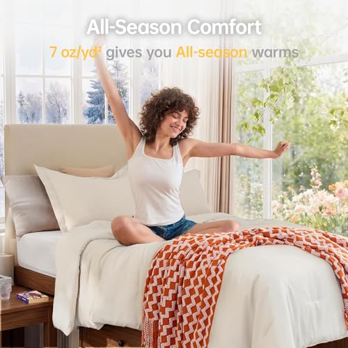 Image of MUXHOMO Twin /Twin XL Comforter Set, All Season Ultra Soft Down Alternative Bedding - 2 Piece Lightweight Bed Set Includes 1 Comforter (68 inchx88 inch) and 1 Pillow Shams (20 inchx26 inch), Ivory