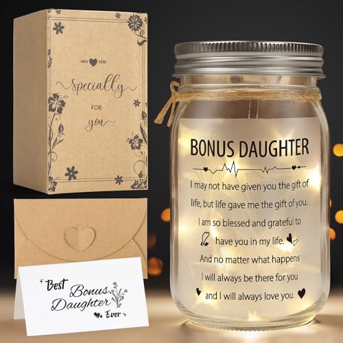 Image of Bonus Daughter Mason Jar Night Light, Bonus Daughter Birthday Gifts from Stepmom, Step Daughter Gifts, Gifts for Daughter in Law