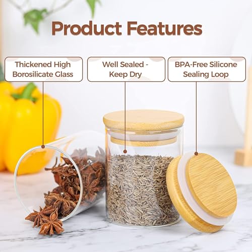 Image of CAKETIME Spice Jars with Airtight Bamboo Lid [Round, Pack Of 12, 220ml] - Glass Spice Bottles, Seasoning Containers for Salt, Sugar, Coffee Beans - Set of 12 Jars with Wooden Lids