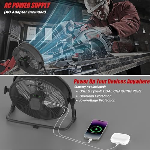 16" Battery Operated Floor Fan Compatible with Milwaukee M18 18V Battery, Portable Fan with AC Adapter and USB Output, Metal Industrial High Velocity, Stepless Speed Cordless Fan for Jobsite Garage — view 5