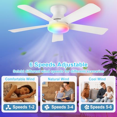 Image of Depuley Ceiling Fan with RGB Light: 42-Inch White Small Fans for Bedroom Indoor Outdoor - Dimmable Low Profile Ceiling Fans with Remote Control Flush Mount 5 Reversible White Blades 6 Speeds Timer