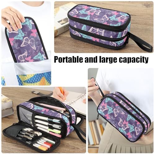 Image of Fustylead Pretty Pink and Blue Pixelated Graffiti Butterflies Big Capacity Pencil Pen Case Multi-Purpose Organizer for Office College School Hiking Travel