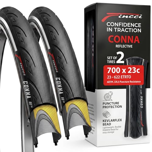 Fincci Conna Pair 700x23c Tires, Foldable 60 TPI with Reflective Wall, 1mm Antipuncture Protection, Tough Nylon and Rubber Compound, 700 x 23c Road Bike Tires for Racing Touring - Pack of 2