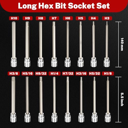 Image of TOMMARS 16-Pc Long Hex Bit Socket Set, Extra Long Allen Socket Set, CR-V and S2 Steel, SAE & Metric 1 /8-3 /8 in., 3-10 mm.