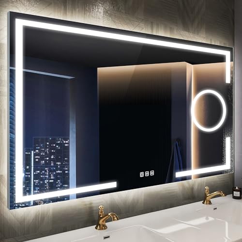 LED Badezimmerspiegel Mit Anti-Beschlag – 36x28 Zoll, Dimmbare Beleuchtung, 3-fach Vergrößerung, Wandmontage Horizontal/vertikal