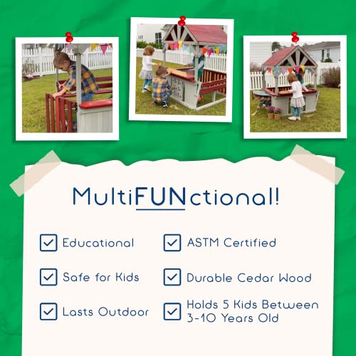 Wooden Playhouse for Kids Outdoor - Funphix Backyard Playhouse with Bench, Sandbox, Tic Tac Toe, Roof, & Doors - ASTM Certified & Easy to Assemble Kids Outdoor Playset Made of Durable Cedar Wood