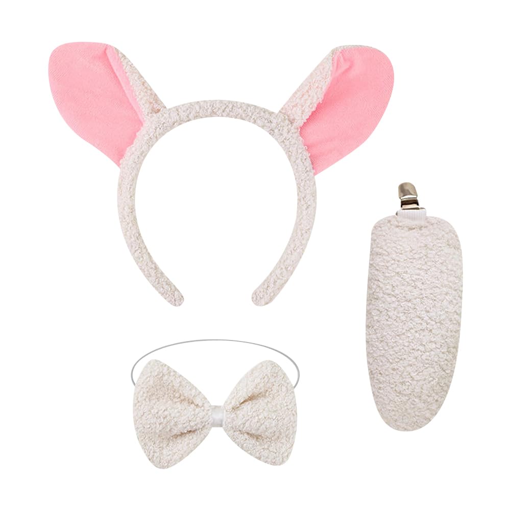 3 Pcs Little Lamb Sheep Halloween Costume Accessories Including Sheep Lamb Ears Headband Bowtie and Tail Farm Animal Themed Headband Sheep Cosplay Costume Outfit Christmas Party Dress up for Women