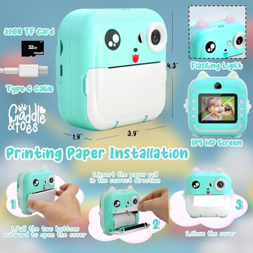 Image of CADDLE & TOES Instant Print Camera for Kids - 1080P HD, 48MP, Bluetooth, Free App, 3 Rolls Print Paper, Stickers, Fun Filters, Gift for Kids (Blue)
