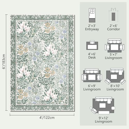 Image of Botanical Floral Area Rug 4x6 Light Green Cream Vintage Garden Design, Perfect for Living Room, Bedroom, Kids Room, Nursery - Stain & Water Resistant Non-Slip, Pet & Child Friendly Area Rugs