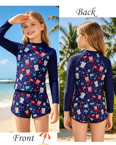 Image of TUONROAD Girls 2 Pieces Rash Guard Swimsuit Long Sleeve Tankini for 4-10 Years
