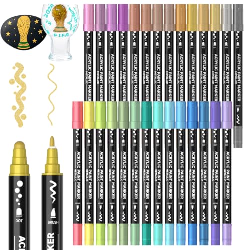 Image of Shuttle Art 28 Metallic Colors Dual Tip Acrylic Paint Markers, Dot Tip and Fine Tip Acrylic Paint Pens for Rock, Ceramic, Wood, Canvas, Plastic, Glass, Stone, Calligraphy, Card, DIY Football Crafts