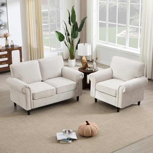 Image of Kingfun Loveseat 2 Seater Couch with Chair, Mid Century Modern Chenille Sofa Set with Rolled Arms and Deep Seats, Fluffy Comfort for Living Room, Apartment, Easy Assembly, Beige