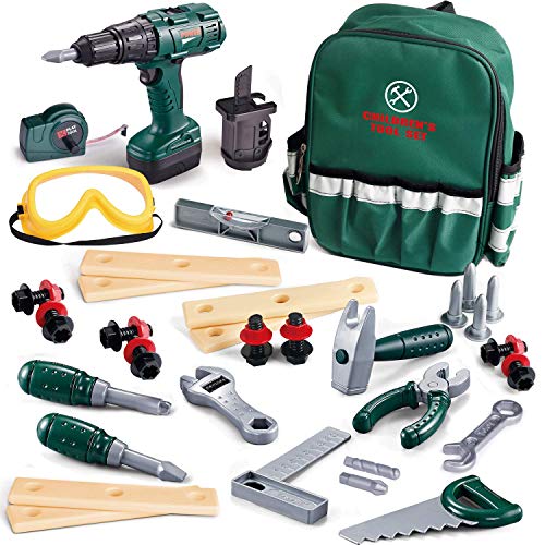 FUN LITTLE TOYS 35 Pieces Kids Tool Set, Including Electronic Cordless Drill, Pretend