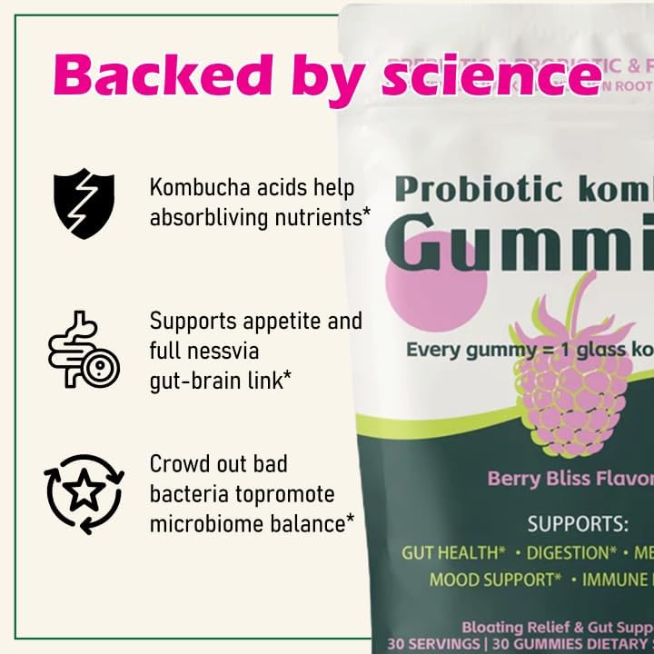 Probiotic Kombucha Gummies, Berry Flavor, Prebiotics, Probiotics, Postbiotics with Soluble Fiber, Daily Digestive & Gut Support, Vegan, 30 Gummies (1) - Image 5