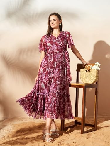 Image of Miss Chase Women's Floral V-Neck Flutter Sleeve Wrap Chiffon Maxi Dress