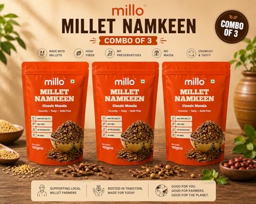 Image of Millo Millet Namkeen Classic Masala 100g | Healthy Millet Snack | High Fiber Crunchy Mix | No Maida, No Preservatives | Multigrain Namkeen | Guilt-Free Indian Snack (Pack of 3)