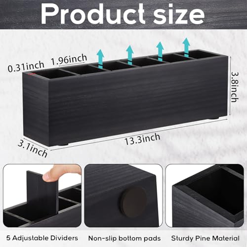 Image of Jetec Wooden Pencil Pen Holder for Desk 6 Compartments Cosmetic Makeup Brush Stationery Office Desktop Organizers for Countertop Adjustable Silverware Caddy for Party, Art Supplies, Home Decor(Black)