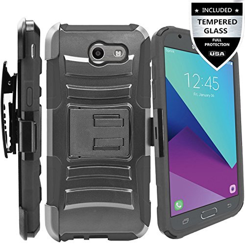 Galaxy J3 Prime Case,Galaxy J3 Eclipse / J3 Mission / J3 Emerge/Amp Prime 2 / Express Prime 2 / Sol 2 / J3 Luna Pro / J3 2017 Case,IDEA LINE Combo Holster Kickstand Belt Clip+Tempered Glass - Black