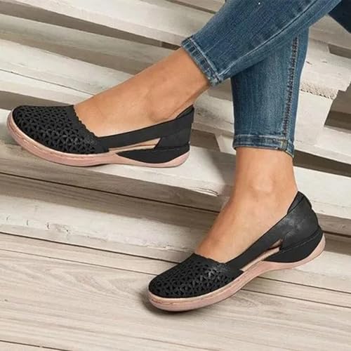 Smoneyful Women Hollow Ballet Flats, Round Toe Low Heels, Vintage Faux Leather, Dressy Comfortable with Diamond Eyelets for Summer Walking2