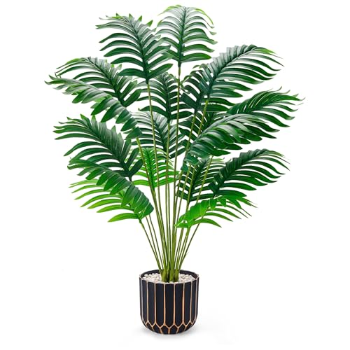 Image of Der Rose 28 inch Fake Palm Tree in Black Gold Pot for Living Room Decor