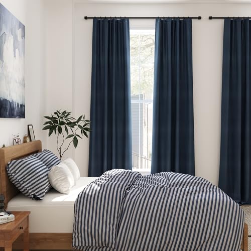 Image of Vintage Blue 100% Blackout Linen Curtains 108 Inches Long for Bedroom Back Tab Thermal Insulated Vintage Farmhouse Decor Black Out Curtain for Living Room Floor to Ceiling High Window 52x108, 2 Panels