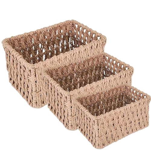 Cesta de almacenamiento tejida a mano, cesta decorativa de cuerda para organizar, cestas de almacenamiento de tela apilables y organizador de escritorio para baño, dormitorio, sala de estar, ideal