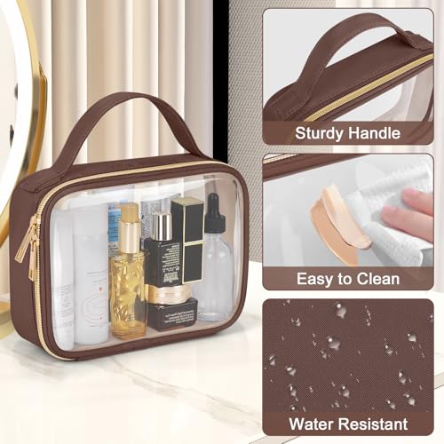 Image of Wedama TSA Approved Toiletry Bag, 3 Pack Clear Makeup Bags with Handles, Quart Size PVC Clear Cosmetic Bags for Women and Men, Carry on Airport Airline Compliant Bag, Brown