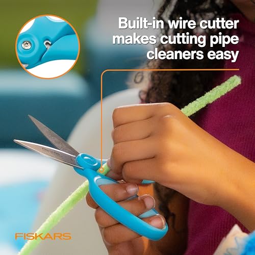 Image of Fiskars 6 inch Kids Super Scissors with PowerCut Technology to Boost Cutting Power, Perfect for Multiple Paper Layers, Foam & Cardboard, Integrated Wire Cutter for Pipe Cleaners, Craft & School Supplies