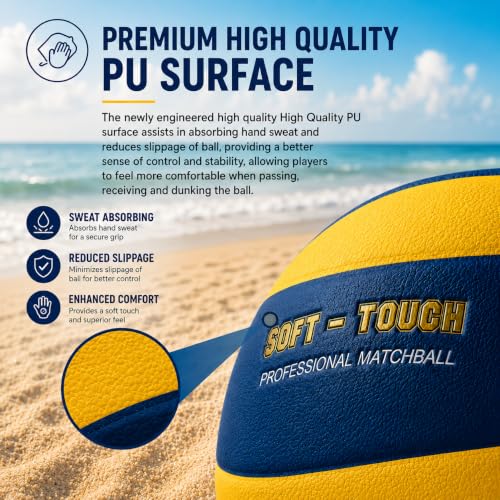 Image of Vinex Soft Touch Volleyball Official Size 5, Hygroscopic PU Leather, Lightweight Recreational Training Ball for Indoor and Outdoor, Court Beach Play, High Retention Butyl Bladder for All Ages