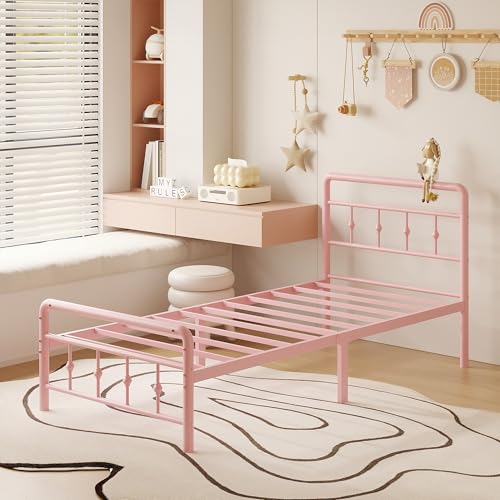 Image of Richwanone 14 inch Twin Bed Frame with Headboard and Footboard, Heavy Duty Metal Bed Frame Victorian Style, No Box Spring Needed, Easy Assembly, Pink