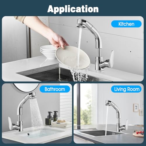 Küchenarmatur Ausziehbar, 360° Drehbar Wasserhahn Küche mit 2 Strahlarten Säulentyp Wasserauslass und Duschwasserauslass, Anhebbare Armatur küche, Spültischarmatur für Küchenspüle, Chrom