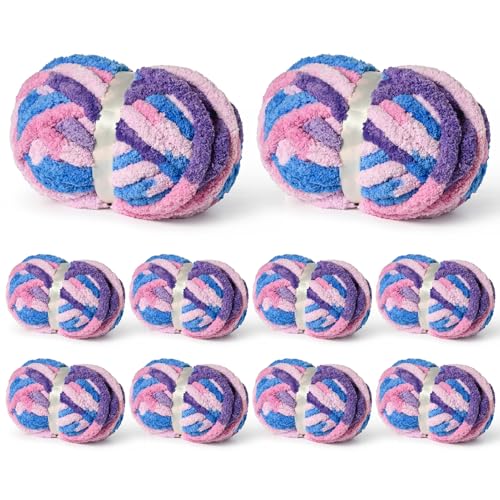 Image of 10 Pack Jumbo Chunky Yarn for Hand Knitting, Fluffy Variegated Chunky Chenille Yarn for Crocheting, 240yds /70.5oz Super Bulky Soft Crochet Baby Blanket Yarn(Blue-Pink-Purple)
