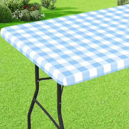 misaya Buffalo Rectangle Picnic Tablecloth, 8 Foot Elastic Fitted Vinyl Table Cloth with Flannel Backing, Waterproof Plaid Table Covers for Dining, Camping, Outdoor (Baby Blue and White, 30" x 96")