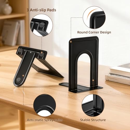 Image of HappyHapi Book Ends, Metal Bookends for Shelves, Non-Skid Book End to Hold Books, Black Book Stopper /Holder for Office Home Kitchen, 5.7X 4.9 X 6.5 in, 3 Pair(6 Pcs, Large)