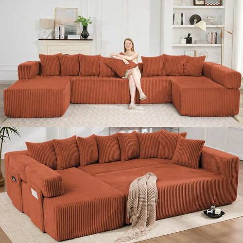 Image of Oversized Cloud Boneless Couch with Chaise, 146 inch Modern U Shape Modular Deep Seat Sectional Sofa, Comfy Corduroy Upholstered Couches for Living Room, No Assembly Required-Burnt Orange