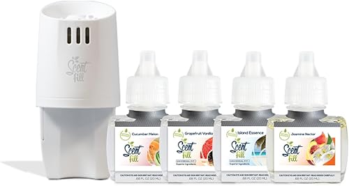 Summer Scent Fill - Kit de ambientador enchufable (pepino, vainilla de pomelo, esencia de isla y néctar de jazmín), 4 recambios + difusor