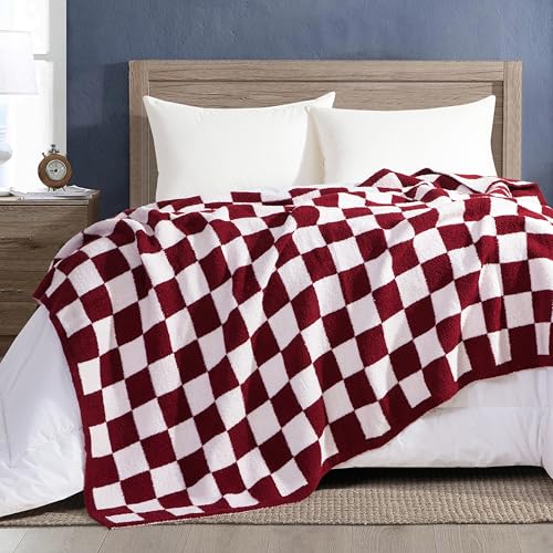 Image of Elegant Comfort Checkered Throw Blanket, Burgundy Super Soft Cozy Fluffy Warm Throw Blankets for Couch, Sofa, Chair, Bed, Camping, Picnic, Travel Lightweight Bed Blanket (50 inch x 70 inch)