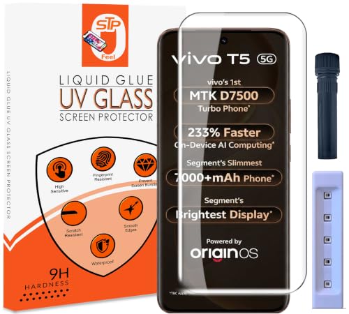 Image of STP FEEL Advanced UV Tempered Glass Screen Protector Guard Compatible For Vivo T5 5G (6.83 Inch, Pack of 1) Full Adhesive UV Curved Case Friendly HD Clarity with easy installation kit for Smartphone